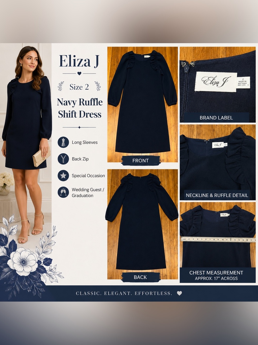 Eliza J Navy Ruffle Shift Dress Women’s Size 2 Wedding Guest InterviewWorkDress